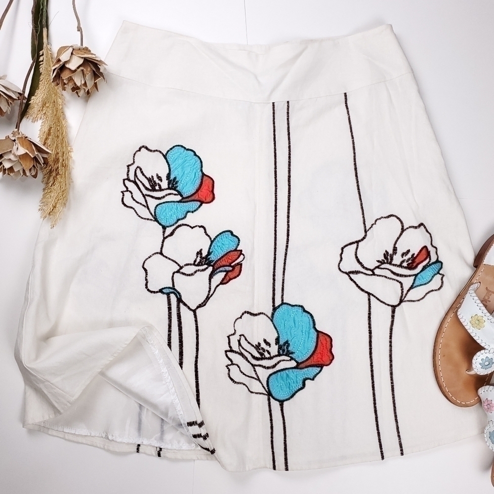 Lilly Stanhope White Floral Embroidered Linen Blend Skirt Sz 10 - Picture 6 of 11